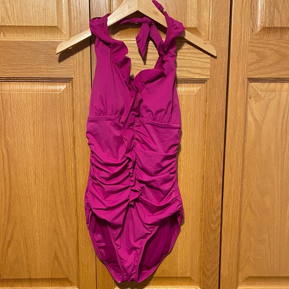 SPANX one piece hot pink halter top style swimsuit size 10